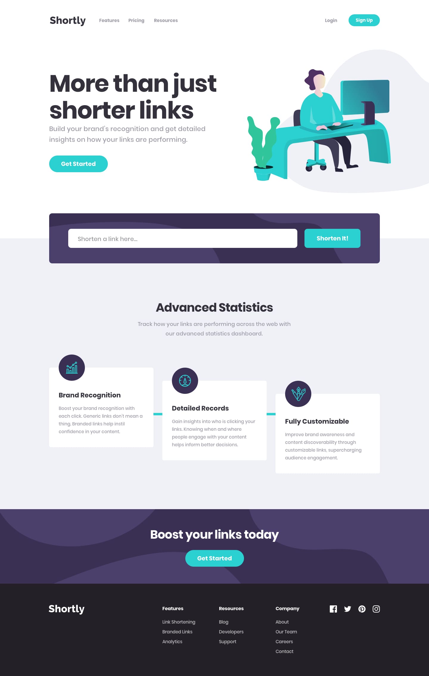Design preview for the Shortly URL shortening API coding challenge