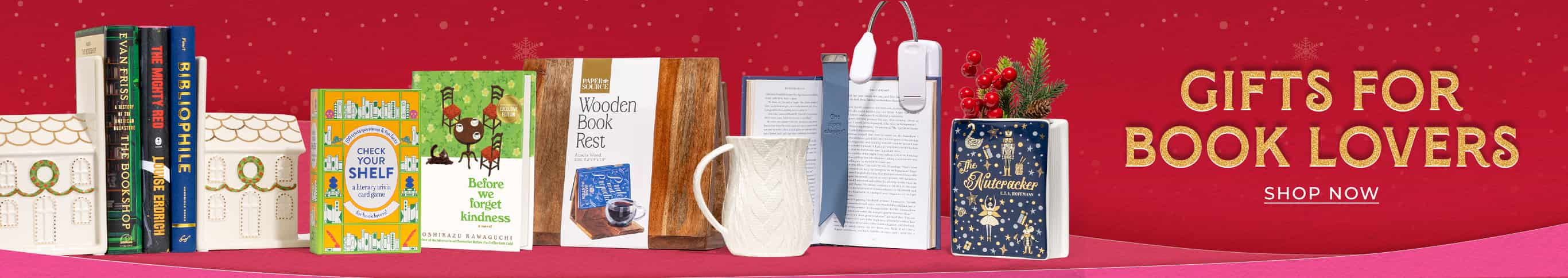 Gifts for book lovers including books, wooden book rest, mug, and journals. Shop Now