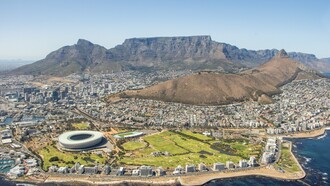 Table mountain visible during Formula E tournament, Cape Town, South Africa