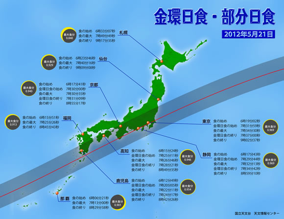 日食が起こる地域と各都市での時刻・最大食分