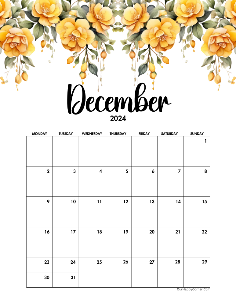 Yellow floral December 2024 calendar Monday start