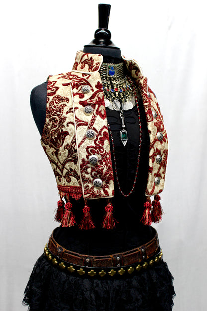 Shrine of Hollywood TOREADOR VEST - BURGUNDY/IVORY TAPESTRY Belly dancer top burlesque top Pirate top Women's corset tops