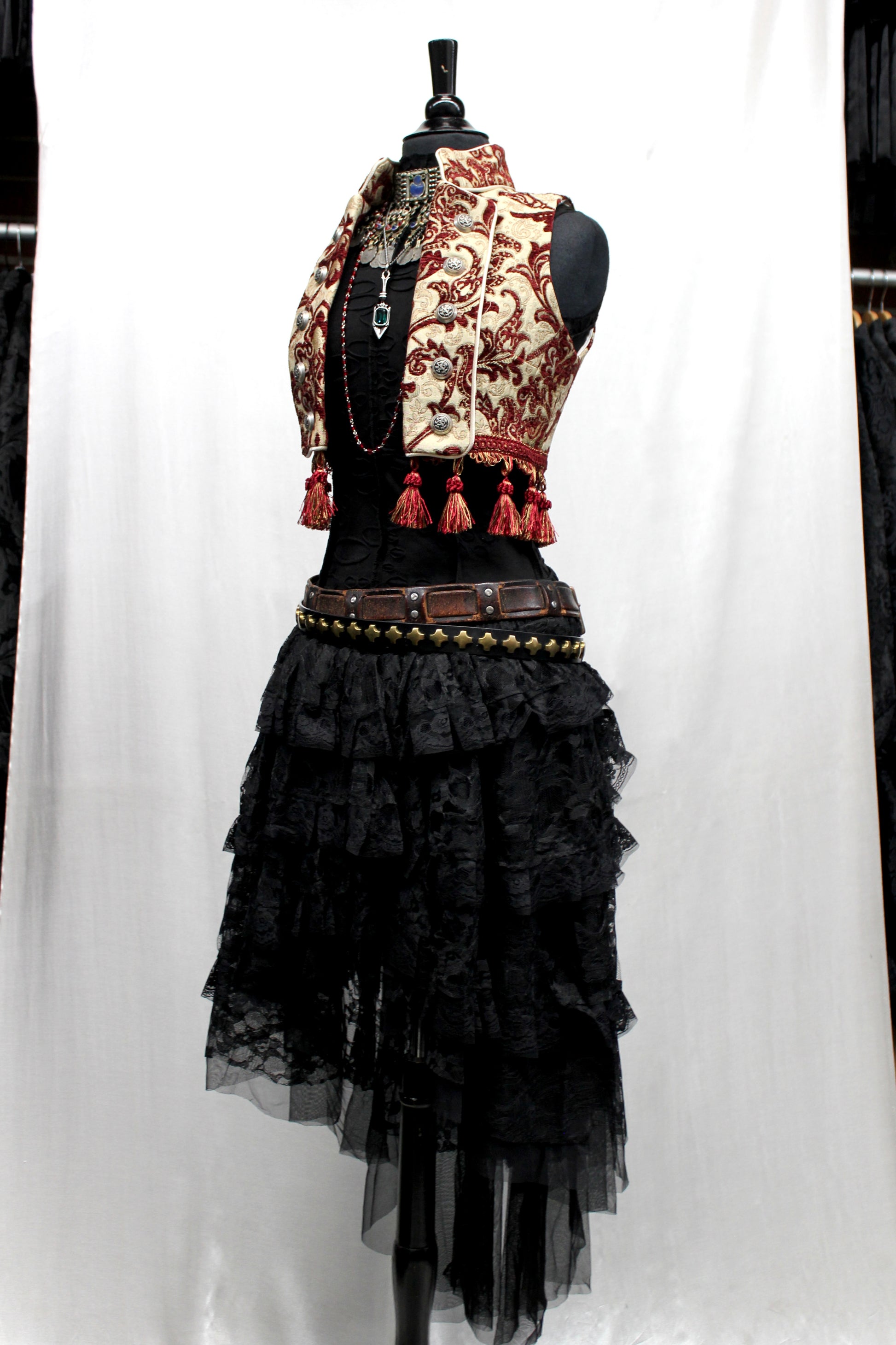 Shrine of Hollywood TOREADOR VEST - BURGUNDY/IVORY TAPESTRY Belly dancer top burlesque top Pirate top Women's corset tops