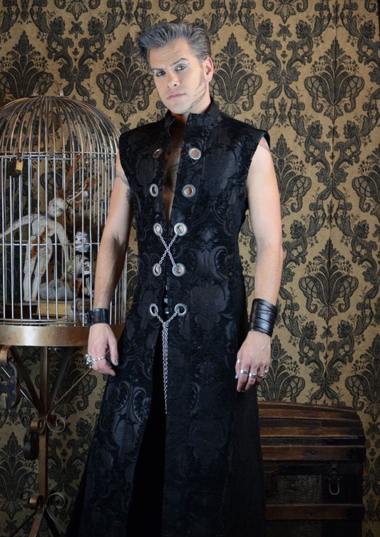 Shrine of Hollywood HELLRAISER W/ CHAIN - BLACK TAPESTRY black floor length goth gothic hellraiser long Men's Coats sleeveless underground vampire