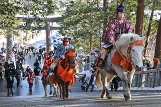 幸せ願い　ドサンコ、134段の石段駆け上がる　函館八幡宮で騎馬参拝