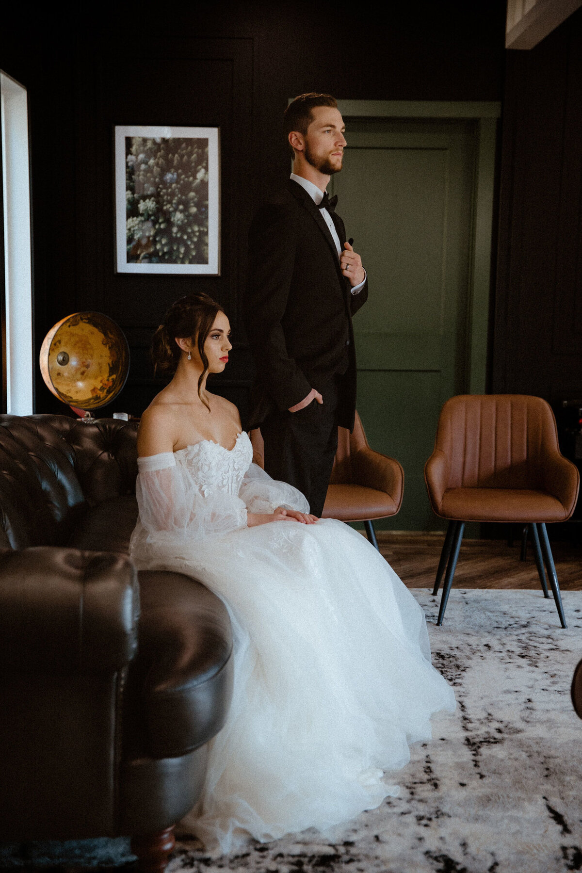 Moody bride and groom portrait at 52 North Venue, an industrial and unique wedding venue in Sylvan Lake, AB, featured on the Brontë Bride Vendor Guide.52 North Venue, an industrial and unique wedding venue in Sylvan Lake, AB, featured on the Brontë Bride Vendor Guide.