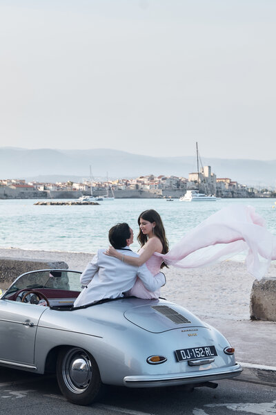 Couple in a vintage Porsche in Antibes, South of France