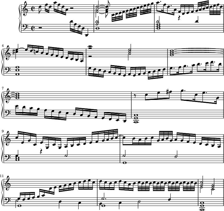 
\version "2.18.2"
\header {
  tagline = ##f
}
upper = \relative c'' {
  \clef treble 
  \key a \minor
  \time 2/2
  \tempo 2 = 50
  \set Staff.midiInstrument = #"harpsichord"

    d8 f16[ d] a'[ f d a] r2
    << { < d a >2~ < d a >8 } \\ { f,2~ f8 c32[ d e f] g[ a b c] d[ e f g] } >>
    a8. f16 d8. a16 f[ d e f] g32[ a b c] d[ e f d] 
    << { e4~ e16[ d c! b] a[ g f e] d[ c b a] r2 < e'' c >2 < d b g >1~ < d b g > } \\ { cis4  s2. r2 a2 } \\ { s1 r2} >>
    r8 c8 e fis g8. c,16 e8. g,16 | 
    c[ e, g c,] e[ g, c g] a[ b c d] e[ f g32 a b c~] 
    c8 b16 a b c g32[ a b g] a16[ g f e] d[ c b a] 
    \change Staff = "lower" \stemUp g16[ f g a] b[ c \change Staff = "upper" \stemDown d e] f[ g a b] c[ d e c]
    d[ c b c] d[ c a b] \tempo 2 = 40 \repeat unfold 4 { c32[ b c b] }
    << { < c g >2 < g e > } \\ { e2 c2 } >>
}

lower = \relative c {
  \clef bass
  \key a \minor
  \time 2/2
  \set Staff.midiInstrument = #"harpsichord"

    r2 d'16[ a f d] d,4
    << { < d'' a >2 s2 d2 r4 d4 a1 } \\ { d,1 < a' f d >1 < e a, > } >>
    g16[ f e d] c b a g a[ g a b] c[ d e f] g8. a16 b8. c16 d8. e16 f8. d16 e[ d c b] a[ g f e] d[ c b a] g[ f e d]
    % ms. 8
    \tempo 2 = 46
    \relative c' 
    < c, g c, >1
    \tempo 2 = 50
    << { g'4 r4 g2 g2 f } \\ { < e c >1 g,1 } >>
    % ms. 11
    \tempo 2 = 46
    << { s1 g'2. f4 } \\ { g,1 g } \\ { \stemDown e'2 d4 c b c d2 } >>
    < c g c, >1
    
}

\score {
  \new PianoStaff <<
    \set PianoStaff.instrumentName = #""
    \new Staff = "upper" \upper
    \new Staff = "lower" \lower
  >>
  \layout {
    \context {
      \Score
      \remove "Metronome_mark_engraver"
    }
  }
  \midi { }
}
