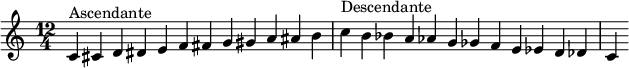 
    \relative c' {
  \clef treble \time 12/4
  c4^\markup { Ascendante } cis d dis e f fis g gis a ais b
  c^\markup { Descendante } b bes a aes g ges f e es d des c
    }
