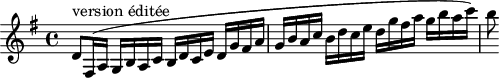 
\version "2.18.2"
\header {
  tagline = ##f
  % composer = "Mozart"
  % opus = ""
  % meter = "Allegro"
}

\score {
<<
  \relative c'' {
    \key g \major
    \time 4/4
    \tempo 4 = 110
    \override TupletBracket #'bracket-visibility = ##f 

     %%%%%%
     d,8^"version éditée" fis,16( a g b a c b d c e d g fis a g b a c b d c e d g fis a g b a c) b8

  }
>>
  \layout {
     #(layout-set-staff-size 17)
     \context { \Score \remove "Metronome_mark_engraver" 
     \override SpacingSpanner.common-shortest-duration = #(ly:make-moment 1/2)
     }
  }
  \midi { \set Staff.midiInstrument = #"clarinet" }
}
