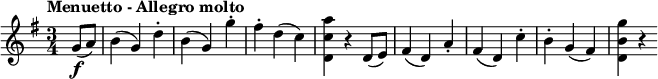 
\relative c'' {
    \version "2.18.2"
     \key g \major
     \time 3/4
     \tempo "Menuetto - Allegro molto"
     \tempo 4 = 170
  \partial 4
  g8 \f  (a)  b4 (g) d'-.
  b (g) g'-.
  fis-. d (c)
  <d, c' a'> r d8  (e) 
  fis4 (d) a'-.
  fis (d) c'-.
  b-. g (fis)
  <d b' g'> r 
}
