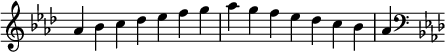   {
\omit Score.TimeSignature \relative c'' {
  \key aes \major \time 7/4 aes bes c des es f g aes g f es des c bes aes
  \clef F \key aes \major
} }

