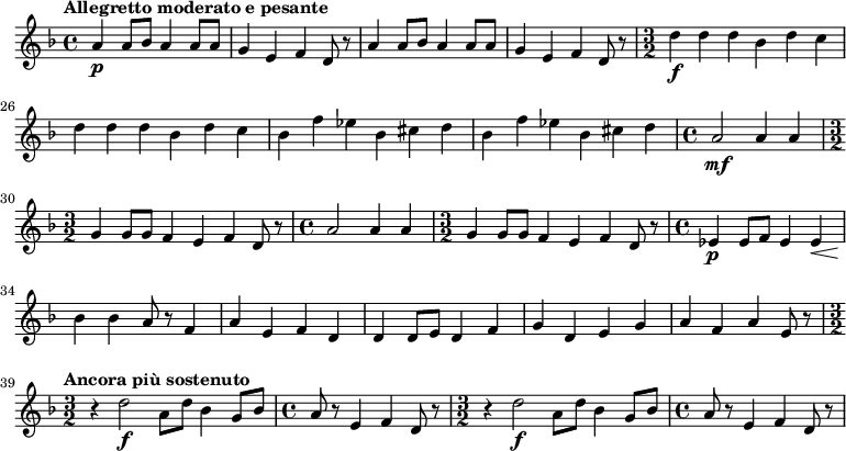 
\relative c'' {
  \tempo "Allegretto moderato e pesante"
  \key d \minor
  \time 4/4
  \set Score.currentBarNumber = #21
  % Permit first bar number to be printed
a4\p a8 bes a4 a8 a | g4 e f d8 r | a'4 a8 bes a4 a8 a | g4 e f d8 r | \time 3/2 d'4\f d d bes d c | d d d bes d c | bes f' es bes cis d | bes f' es bes cis d | \time 4/4 a2\mf a4 a | \time 3/2 g4 g8 g f4 e f d8 r | \time 4/4 a'2 a4 a | \time 3/2 g4 g8 g f4 e f d8 r | \time 4/4 es4\p es8 f es4 es\< | bes'\! bes a8 r f4 | a e f d | d d8 e d4 f | g d e g | a f a e8 r | \tempo "Ancora più sostenuto" \time 3/2 r4 d'2\f a8 d bes4 g8 bes | \time 4/4 a r e4 f d8 r | \time 3/2 r4 d'2\f a8 d bes4 g8 bes | \time 4/4 a r e4 f d8 r
}
