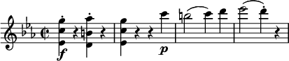 
\relative g'' {
  \key c \minor \time 2/2
  <g c, es,>4-. \f r <as b, d,>-. r
  <g c, es,>4 r r c \p
  b2( c4) d
  es2( d4-.) r
} 