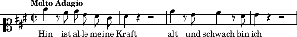 
\relative c'' {
  \tempo "Molto Adagio"
  \key a \major
  \time 2/2
  \clef soprano
  \autoBeamOff
  e4 r8 cis d b a gis | a4 r r2 | d4 r8 b cis4 r8 a | b4 r r2
}
  \addlyrics {
    Hin ist al -- le mei -- ne Kraft alt und schwach bin ich
  }
