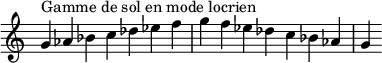  {
\override Score.TimeSignature #'stencil = ##f
\relative c'' {
  \clef treble \time 7/4
  g4^\markup { Gamme de sol en mode locrien } aes bes c des es f g f es des c bes aes g
} }
