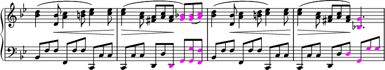 
 \relative c' {
  \new PianoStaff <<
   \new Staff \with { \remove "Time_signature_engraver" } { \key g \minor \time 9/8 \tempo 8 = 96
   \set Score.tempoHideNote = ##t
    <bes' d>4 (<d, bes'>8\< <a' c>4 <b d>8 <c ees>4) <c ees>8 | <c ees>4(\> <a c>8 <fis a> <a c> <fis a>\! \override Voice.NoteHead.color = #(rgb-color 1 0 1) <g bes!>8) <g bes>8 (<a c>8) \override Voice.NoteHead.color = #(rgb-color 0 0 0) |
    <bes d>4 (<d, bes'>8\< <a' c>4 <b d>8 <c ees>4) <c ees>8 | <c ees>4(\> <a c>8 <fis a> <a c> <fis a>\!) \override Voice.NoteHead.color = #(rgb-color 1 0 1) <bes,! g'>4. \override Voice.NoteHead.color = #(rgb-color 0 0 0)|
   }
   \new Staff \with { \remove "Time_signature_engraver" } { \key g \minor \time 9/8 \clef bass \stemUp
    bes,8 f' f f, f' f c, c' c | c, c' c d, d' \override Voice.NoteHead.color = #(rgb-color 1 0 1) d, g <g g'> <f f'> \override Voice.NoteHead.color = #(rgb-color 0 0 0) | bes8 f' f f, f' f c, c' c | c, c' c d, d' \override Voice.NoteHead.color = #(rgb-color 1 0 1) d g, g' g \override Voice.NoteHead.color = #(rgb-color 0 0 0) |
   }
  >>
 }
