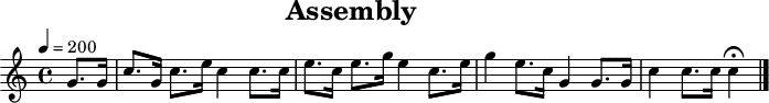 
\header {
  title   = "Assembly"
  tagline = ##f
}
\paper {
  #(layout-set-staff-size 18)
}
\score {
  \relative c'' {
    \tempo   4=200
    \key     c \major
    \time    4/4
    \set     Staff.midiInstrument = #"french horn"

    \partial 4
    g8. g16
    c8. g16 c8. e16 c4 c8. c16
    e8. c16 e8. g16 e4 c8. e16
    g4      e8. c16 g4 g8. g16
    c4      c8. c16 c4\fermata
    \bar "|."
  }
  \layout { }
  \midi   { }
}
