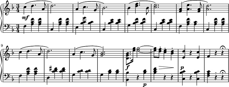 
 \relative b' {
  \new PianoStaff <<
   \new Staff { \key d \minor \time 3/4
    c( d4. a8 d2.) a4( c4. g8 bes2.) bes4( <d f>4. bes8 <c e>2.) <f, a>4( <a e'>4. <f a>8 <a d>2.) c4( d4. a8 d2.) a4( c4. g8 <g bes>2.) <d g bes>8. <e' g>16 <e g>2~ <e g>8 <d f>-. <c e>4-. <bes d>-. <d e,>4 r <c e,> f, r r\fermata
   }
   \new Dynamics {
    s\mf s4. s8 s2. s4 s4. s8 s2. s4 s4. s8 s2. s4 s4. s8 s2. s4 s4. s8 s2. s4 s4. s8 s2. s8.\f s16 s2~ s8 s\> s4 s\! s\p s s s s s
    }
   \new Staff { \key d \minor \time 3/4 \clef bass
    f,4 <a c f> <a c f> c, <a' c f> <a c f> e <bes' c g'> <bes c> c, <bes' c e> <bes c e> g <bes c f> <bes c f> c, <bes' c e> <bes c e> f4 <a c f> <a c> c, <a' c f> <a c f> f <a c f> <a c f> d, <c' d fis> <c d fis> g <c d> <c d> g <bes d> <bes d> <bes bes,> r <bes d>\p <bes d f> r r <bes c c,> r <bes c c,> <f a c> r-. r\fermata
   }
  >>
 }
