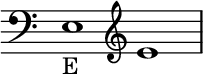 { \new Staff \with{ \magnifyStaff #3/2 } << \time 2/1 \override Score.TimeSignature #'stencil = ##f { \clef bass e1_E \clef treble e' } >> }