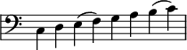 {
\override Staff.TimeSignature #'stencil = ##f
\override Score.SystemStartBar #'collapse-height = #1
\clef bass \time 8/4 \stemDown c \stemNeutral d e (f) g a b (c')
}