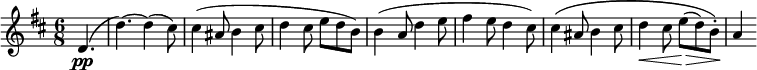 
\relative d' {
 \version "2.18.2"
 \key d \major \time 6/8
 \set Score.tempoHideNote = ##t \tempo 2. = 80
 \set Staff.midiInstrument = "violin"

 \partial 4. d4.\pp( |
 d'4.)~ d4( cis8) |
 cis4( ais8 b4 cis8 |
 d4 cis8 e d b) |
 b4( a8 d4 e8 |
 fis4 e8 d4 cis8) |
 cis4\( ais8 b4 cis8 |
 d4\< cis8 e(\> d) b-.\) |
 a4\!
}
