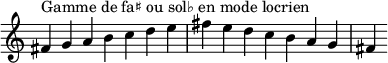  {
\override Score.TimeSignature #'stencil = ##f
\relative c' {
  \clef treble \time 7/4
  fis4^\markup { Gamme de fa♯ ou sol♭ en mode locrien } g a b c d e fis e d c b a g fis
} }
