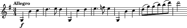 
\relative c' {
 \tempo "Allegro"
 \key g \major
 \time 3/4
 g4\f b' c |
 d4. e8 d4 |
 g,,4 c' d |
 e4. f8 e4 |
 g,,4 b' c |
 d8(g) g(b) b(d) |
 d2
}
