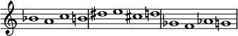 
{
#(set-global-staff-size 17.5)
\override Score.TimeSignature
#'stencil = ##f
\override Score.SpacingSpanner.strict-note-spacing = ##t
  \set Score.proportionalNotationDuration = #(ly:make-moment 3/1)
    \relative c'' {
        \time 4/1
        \set Score.tempoHideNote = ##t \tempo 1 = 60
        bes1 a c b!  
        dis e cis d  
        ges, f aes g
    }
}
