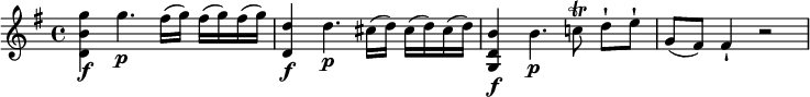 
\relative c''' { \set Staff.midiInstrument = #"violin" 
  \key g \major
  <g b, d,>4\f g4.\p fis16(g) fis(g) fis(g) | <d d,>4\f d4.\p cis16(d) cis(d) cis(d) | <b d, g,>4\f b4.\p c!8\trill d-![ e-!] | g,(fis) fis4-! r2
}
