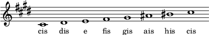 
\relative f'{
\key cis \minor
\override Staff.TimeSignature #'stencil = ##f
\cadenzaOn cis1 dis e fis gis ais his cis \cadenzaOff
}
\addlyrics { \small {
cis1 dis e fis gis ais his cis
} }
