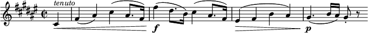 
\relative cis' {
  \key fis \major \time 2/2
  \partial 4 cis ^\markup { \italic "tenuto" } \<
  fis4( ais) cis( ais8. fis16)
  fis'4( \f dis8. b16) cis4( ais8. fis16)
  eis4( \> fis b ais)
  gis4.( \p b16 ais) gis8-. r
} 