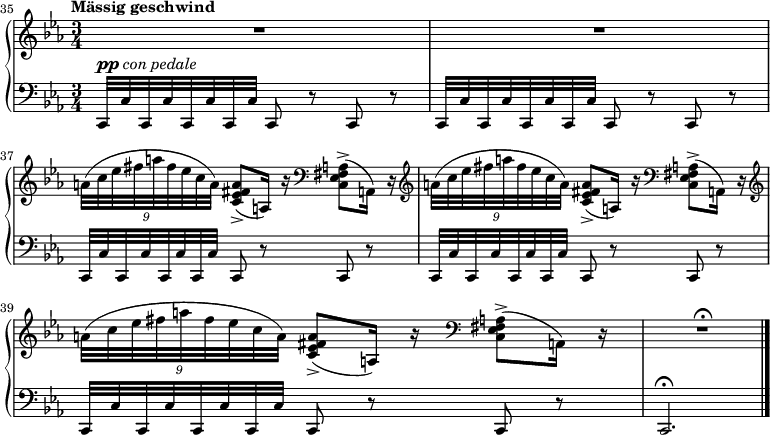 
{
      #(set-global-staff-size 17)
      <<
      \new PianoStaff <<
        \new Staff <<
           \tempo "Mässig geschwind"
           \key c \minor \time 3/4
            \set Score.currentBarNumber = #35
            \bar ""
           \relative c'' {
                R2.
                R
                \tuplet 9/8 { a32([ c es fis a fis es c a)] } <c, es fis a>8->([ a16)] r \clef bass <c, es fis a>8->([ a16)] r \clef G
                \tuplet 9/8 { a''32([ c es fis a fis es c a)] } <c, es fis a>8->([ a16)] r \clef F <c, es fis a>8->([ a16)] r \clef G
                \tuplet 9/8 { a''32([ c es fis a fis es c a)] } <c, es fis a>8->([ a16)] r \clef F <c, es fis a>8->([ a16)] r
                R2.\fermata
                }
            >>
        \new Staff <<
           \clef F \key c \minor \time 3/4
           \relative c, {
                c32^\markup {\dynamic pp \italic "con pedale" } c' c, c' c, c' c, c' c,8 r c r
                c32 c' c, c' c, c' c, c' c,8 r c r
                c32 c' c, c' c, c' c, c' c,8 r c r
                c32 c' c, c' c, c' c, c' c,8 r c r
                c32 c' c, c' c, c' c, c' c,8 r c r
                c2.\fermata \bar "|."
                }
            >>
    >>  >> }
