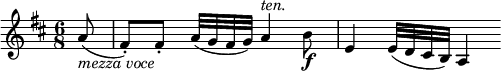 
\relative a' {
  \key d \major \time 6/8
  \partial 8 a8( _\markup { \italic "mezza voce" }
  fis-.)[ fis-.] a32( g fis g) a4 ^\markup { \italic "ten." } b8 \f
  e,4 e32( d cis b) a4
} 