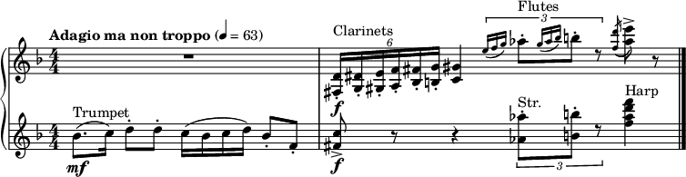 
{   \new PianoStaff << \relative fis {
    \clef "treble" \numericTimeSignature\time 4/4 \key f \major | % 1
    \tempo "Adagio ma non troppo" 4=63 R1 | % 2
    \once \omit TupletBracket
    \times 4/6  {
        \stemUp <fis d'>16 _. [ _\f ^ "Clarinets" \stemUp <g dis'>16 _.
        \stemUp <gis e'>16 _. \stemUp <a f'>16 _. \stemUp <bes fis'>16
        _. \stemUp <b g'>16 _. ] }
    \stemUp <c gis'>4 \times 2/3 {
        \grace { \stemUp e'16*3/2 ( [ \stemUp f16*3/2 \stemUp g16*3/2 )
            ] } \stemDown as8 ^. ^
        "Flutes" [ \grace { \stemUp g16*3/2 ( [ \stemUp
            as16*3/2 \stemUp bes16*3/2 ) ] } \stemDown b8 ^. ] d,8 \rest }
    \acciaccatura { \stemUp <f d'>16 ( } \stemDown <as e'>8 ) ^> r8 \bar
    "|."
    }
    \new Staff \relative bes' {
    \clef "treble" \numericTimeSignature\time 4/4 \key f \major | % 1
    \stemDown bes8. ( [ _\mf ^ "Trumpet" \stemDown c16 ) ] \stemDown d8
    ^. [ \stemDown d8 ^. ] \stemDown c16 ( [ \stemDown bes16 \stemDown c16
    \stemDown d16 ) ] \stemUp bes8 _. [ \stemUp f8 _. ] | % 2
    \stemUp <fis c'>8 _> _\f r8 r4 \times 2/3 {
        \stemDown <as as'>8 ^. [ ^ "Str." \stemDown <b b'>8 ^. ] d8
        \rest }
    \stemDown <f as d f>4 ^ "Harp" \bar "|."
    } >> }
    