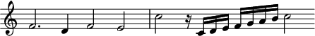 
\header {
  tagline = ##f
}

\score {
  \new Staff \with {
     \remove "Time_signature_engraver"
  }
<<
  \relative c' {
    \key c \major
    %\clef bass
    \time 4/2
    \override TupletBracket #'bracket-visibility = ##f 

     %%% f° 57v
     f2. d4 f2 e c' r16 c,16 d e f g a b c2

  }
>>
  \layout {
     \context { \Score \remove "Metronome_mark_engraver" }
  }
  \midi {}
}
