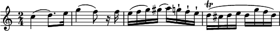 
\relative c'' { \set Staff.midiInstrument = #"violin" \set Score.tempoHideNote = ##t \tempo 4 = 80
  \key c \major
  \time 2/4
  \tempo "Allegretto grazioso"
  c4(d8.) e16 | g4(f8) r16 f | e(f g) gis(a) g-! f-! e-! | d\trill(cis d e d g f d) |
}
