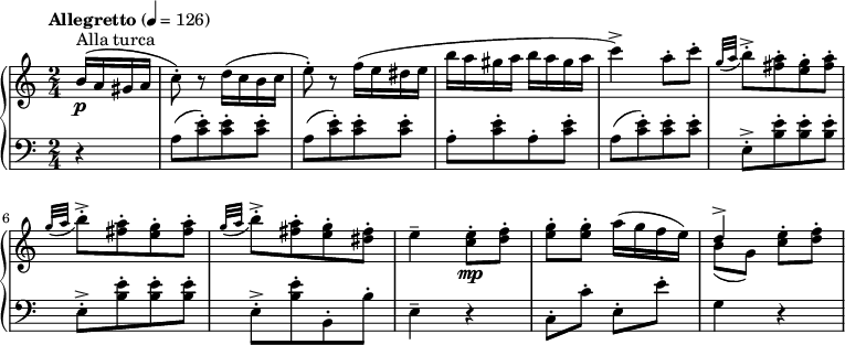 
\new PianoStaff
<<
  \new Staff = "right" \with {
    midiInstrument = "acoustic grand"
  }  \relative c'' {
    \key a \minor
    \numericTimeSignature
    \time 2/4
    \partial 4
    \tempo "Allegretto" 4=126
    b16(\p^\markup { Alla turca } a gis a
    c8-.) r d16( c b c
    e8-.) r f16( e dis e
    b' a gis a b a gis a
    c4->) a8-. c-.
    \appoggiatura { g32[ a] } b8-.->[ <a fis>-. <g e>-. <a fis>-.]
    \appoggiatura { g32[ a] } b8-.->[ <a fis>-. <g e>-. <a fis>-.]
    \appoggiatura { g32[ a] } b8-.->[ <a fis>-. <g e>-. <fis dis>-.]
    e4--
    \bar ":|:"
    <c e>8-.\mp <d f>-.
    <e g>-. <e g>-. a16( g f e)
    << {d4->} \\ {b8( g)} >> <c e>8-. <d f>-.
  }
  \new Staff = "left" \with {
    midiInstrument = "acoustic grand"
  } {
    \clef bass \relative c' {
      \key a \minor
      \numericTimeSignature
      \time 2/4
      \partial 4
      \tempo "Allegretto" 4=126
      r4
      a8[( <c e>)-. <c e>-. <c e>-.]
      a[( <c e>)-. <c e>-. <c e>-.]
      a[-. <c e>-. a-. <c e>-.]
      a[( <c e>)-. <c e>-. <c e>-.]
      e,-.->[ <b' e>-. <b e>-. <b e>-.]
      e,-.->[ <b' e>-. <b e>-. <b e>-.]
      e,-.->[ <b' e>-. b,-. b'-.]
      e,4--
      \bar ":|:"
      r4
      c8-. c'-. e,-. e'-.
      g,4 r
  } }
>>
