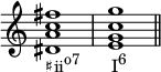 
{
\override Score.TimeSignature
#'stencil = ##f
\time 4/4 
\relative c' { 
      <dis a' c fis>1_\markup { \concat { "♯ii" \raise #1 \small "o7" \hspace #4 "I" \raise #1 \small "6" } } <e g c g'> \bar "||"
   }
}
