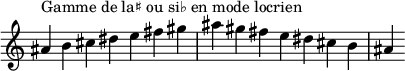  {
\override Score.TimeSignature #'stencil = ##f
\relative c'' {
  \clef treble \time 7/4
  ais4^\markup { Gamme de la♯ ou si♭ en mode locrien } b cis dis e fis gis ais gis fis e dis cis b ais
} }
