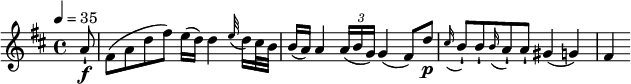 
\relative c' { \set Staff.midiInstrument = #"violin" 
\key d \major
\tempo 4 = 35
\partial 8 a'8-!\f fis8 (a d fis) e16 (d) d4 \appoggiatura e32 d16 cis32 b32 b16 (a) a4 \tuplet 3/2 {a16 (b g)} g4 (fis8) d'\p \appoggiatura cis16 b8-! b8-! \appoggiatura b16 a8-! a-! gis4 (g) fis}
