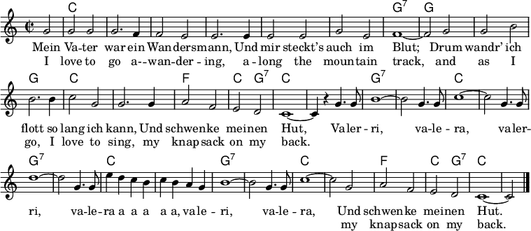 
\header { tagline = ##f }
\layout { indent = 0 \context { \Score \remove "Bar_number_engraver" } }

global = { \key c \major \time 2/2 \partial 2 }

chordNames = \chordmode { \global \set ChordNames.midiInstrument = #"acoustic guitar (nylon)" \set chordChanges = ##t
  s2 | c,1 | c, | c, | c, | c, | c, | g,:7~ | g,2
  g,2 | g,1 | g, | c, | c, | f, | c,2 g,:7 | c,1~ | c,2
  s2 | g,1:7~ | g,2:7 s | c,1~ | c,2 s | g,1:7~ | g,2:7
  s2 | c,1 | c, | g,:7~ | g,2:7 s | c,1~ | c, | f, | c,2 g,:7 | c,1~ | c,2 \bar "|."
}

tenorVoice = \relative c'' { \global
  g2 | g g | g2. f4 | f2 e | e2.
  e4 | e2 e | g e | f1~ | f2
  g2 | g b | b2. b4 | c2 g | g2.
  g4 | a2 f | e d | c1~ | c4 r
  g'4. g8 | b1~ b2 g4. g8 | c1~ | c2
  g4. g8 | d'1~ | d2 g,4. g8 | e'4 d c b | c b a g | b1~ | b2
  g4. g8 | c1~ | c2 g | a f | e d | c1~ | c2\bar "|."
}

verse = \lyricmode {
  Mein Va -- ter war ein Wan -- ders -- mann,
  Und mir steckt’s auch im Blut;
  Drum wandr’ ich flott so lang ich kann,
  Und schwen -- ke mei -- nen Hut,
  Va -- ler -- ri, va -- le -- ra, va -- ler -- ri,
  va -- le -- ra a a a a a, va -- le -- ri, va -- le -- ra,
  Und schwen -- ke mei -- nen Hut.
}
verseE = \lyricmode {
  I love to go a- -- wan -- der -- ing,
  a -- long the moun -- tain track,
  and as I go, I love to sing,
  my knap -- sack on my back.
  \repeat unfold 23 { \skip 1}
  my knap -- sack on my back.
}

chordsPart = \new ChordNames \chordNames
tenorVoicePart = \new Staff \with { midiInstrument = "accordion"} { \tenorVoice }
\addlyrics { \verse } \addlyrics { \verseE }

\score {
  <<
    \chordsPart
    \tenorVoicePart
  >>
  \layout { }
  \midi { \tempo 4=256 }
}
