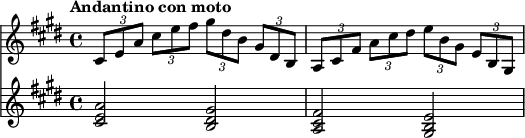 
{
#(set-global-staff-size 16)
      <<
        \new Staff <<
            \relative c' {
                \clef treble \time 4/4 \key e \major
                \tuplet 3/2 { cis8 e a } \tuplet 3/2 { cis e fis } \tuplet 3/2 {gis dis b } \tuplet 3/2 { gis dis b } \tuplet 3/2 { a cis fis } \tuplet 3/2 { a cis dis } \tuplet 3/2 { e b gis } \tuplet 3/2 { e b gis }
                }
            >>
        \new Staff <<
           \relative c' {
                \clef treble \time 4/4 \key e \major
                \tempo "Andantino con moto"
                <cis e a>2 <b dis gis> <a cis fis> <gis b e>
                }
            >>
    >> }
