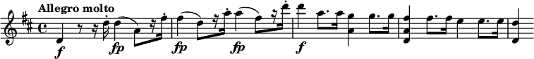 
\relative c' {
 \clef "treble" 
 \key d \major
 \tempo "Allegro molto"
  d\f r8 r16 d'16-. d4\fp (a8) [r16 fis'-.] fis4\fp (d8) [r16 a'-.] a4\fp (fis8) [r16 d'-.] d4\f a8. a16 <g a,>4 g8. g16 <fis a, d,>4 fis8. fis16 e4 e8. e16 <d d,>4
}
