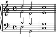 
    {
      \new PianoStaff <<
        \new Staff <<
            \new Voice \relative c'' {
                \stemUp \clef treble \key c \major \time 4/4
                d2 b c1
                }
            \new Voice \relative c' {
                \stemDown
                f2 d e1
                }
            >>
        \new Staff <<
            \new Voice \relative c' {
                \stemUp \clef bass \key c \major
                a2 g g1
                }
            \new Voice \relative c {
                \stemDown
                d2 g, c1 \bar "||"
                }
            >>
    >> }
