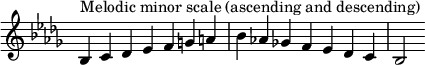  {
\override Score.TimeSignature #'stencil = ##f
\relative c' {
  \clef treble \key bes \minor \time 7/4
  bes4^\markup { Melodic minor scale (ascending and descending) } c des es f g a bes aes! ges! f es des c bes2
} }

