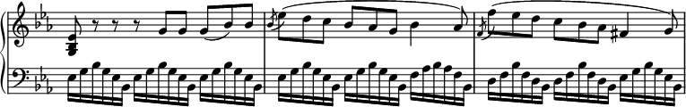 
 \relative c' {
  \new PianoStaff <<
  \new Staff \with { \remove "Time_signature_engraver" } { \key es \major \time 9/8 \tempo 8 = 96
   \set Score.tempoHideNote = ##t
   <es bes g>8 r r r g g g( bes) bes \acciaccatura bes es( d c bes aes g bes4 aes8) \acciaccatura f f'( es d c bes aes fis4 g8)
  }
   \new Staff \with { \remove "Time_signature_engraver" } { \key es \major \time 9/8 \clef bass 
    ees,16 g bes g ees bes ees16 g bes g ees bes ees16 g bes g ees bes | ees16 g bes g ees bes ees16 g bes g ees bes f' aes bes aes f bes, | d f bes f d bes  d f bes f d bes ees g bes g ees bes |
   }
  >>
 }
