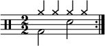 
    \new Staff <<
       \new voice \relative c' {
           \clef percussion
           \numericTimeSignature
           \time 2/2
           \set Score.tempoHideNote = ##t \tempo 2 = 100
           \stemDown \repeat volta 2 { g2 d' }
       }
       \new voice \relative c'' {
           \override NoteHead.style = #'cross
           \stemUp \repeat volta 2 { a4 a a a }
       }
   >>