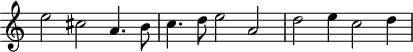 
\header {
  tagline = ##f
}

\score {
  \new Staff \with {
     \remove "Time_signature_engraver"
  }
<<
  \relative c'' {
    \key c \major
    %\clef bass
    \time 3/2
    \override TupletBracket #'bracket-visibility = ##f 

     %%% f° 5
     e2 cis a4. b8 c4.  d8  e2 a, d e4 c2 d4

  }
>>
  \layout {
     \context { \Score \remove "Metronome_mark_engraver" }
  }
  \midi {}
}
