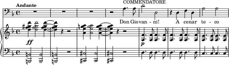 
{
      <<
        \new Staff <<
            \tempo Andante
            \relative c' {
                \set Score.tempoHideNote = ##t \tempo 4 = 86
                \set Staff.midiInstrument = #"trombone"
                \clef bass \key d \minor \time 4/4
                R1 R1 R1 r2 a4.^\markup { COMMENDATORE } a8 d2 d, r4 d f d a'2 a
                }
                \addlyrics { Don Gio -- van -- ni! A ce -- nar te -- co }
            >>
      \new PianoStaff <<
        \new Staff <<
           \set Staff.midiInstrument = #"string ensemble 1"
           \clef treble \key d \minor \time 4/4
           \relative c'' {
                \override DynamicLineSpanner.staff-padding = #3
                <d f gis d'>4\ff <d f gis d'>2 <d f gis d'>4~ <d f gis d'>4 r4 r2 <a e' g! a>4 <a e' g a>2 <a e' g a>4~ <a e' g a>4 r4 r2 <a, f'>4.\p <a f'>8 <a f'>4. <a f'>8 <a f'>4. <a f'>8 <a f'>4. <a f'>8 <a e'>4. <a e'>8 <a e'>4. <a e'>8
                }
            >>
        \new Staff <<
           \clef bass \key d \minor \time 4/4
           \relative c, {
                <b b'>2 <b b'> <b b'> r <cis cis'> <cis cis'> <cis cis'> r d'4. d8 d4. d8 d4. d8 d4. d8 c4. c8 c4. c8
                }
            >>
    >>  >> }
